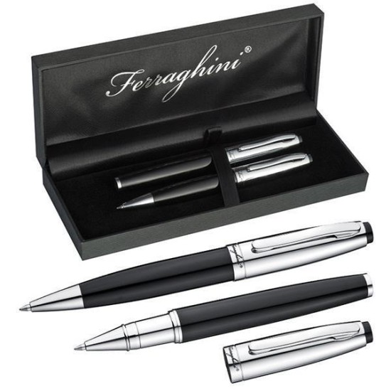 Σετ στυλό Ferraghini ball pen-rolleball pen μαύρο-ασημί Σετ στυλό Ferraghini ball pen-rolleball pen μαύρο-ασημί
